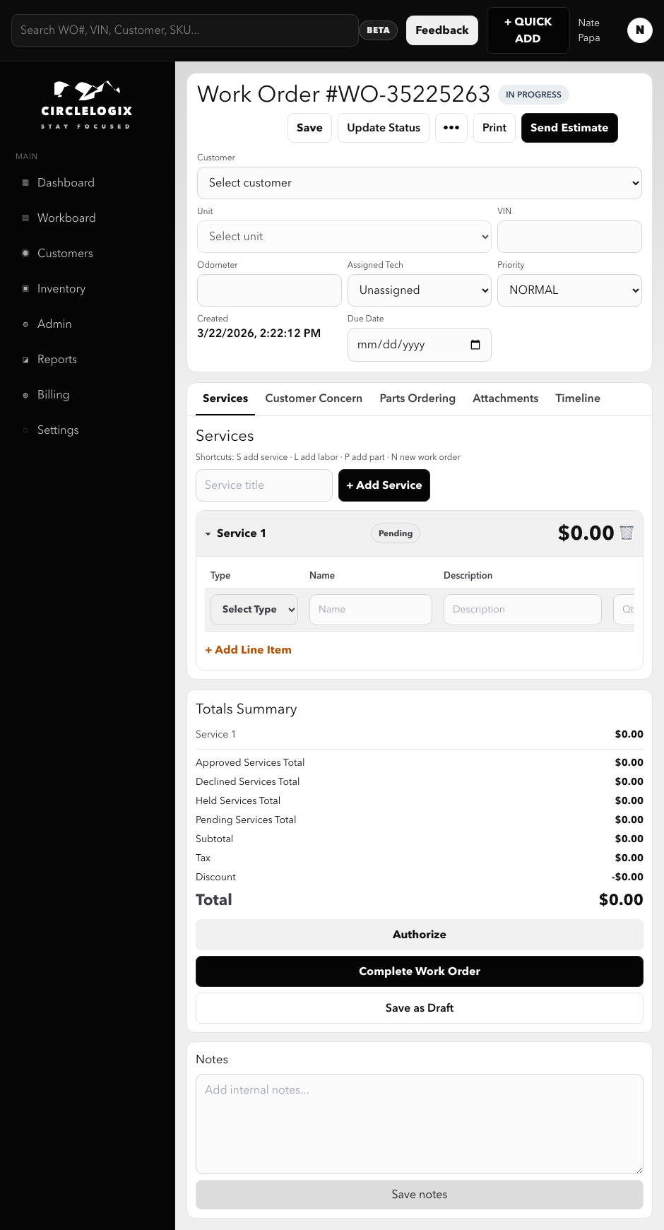 CircleLogix work order editor showing intake fields, service setup, and totals